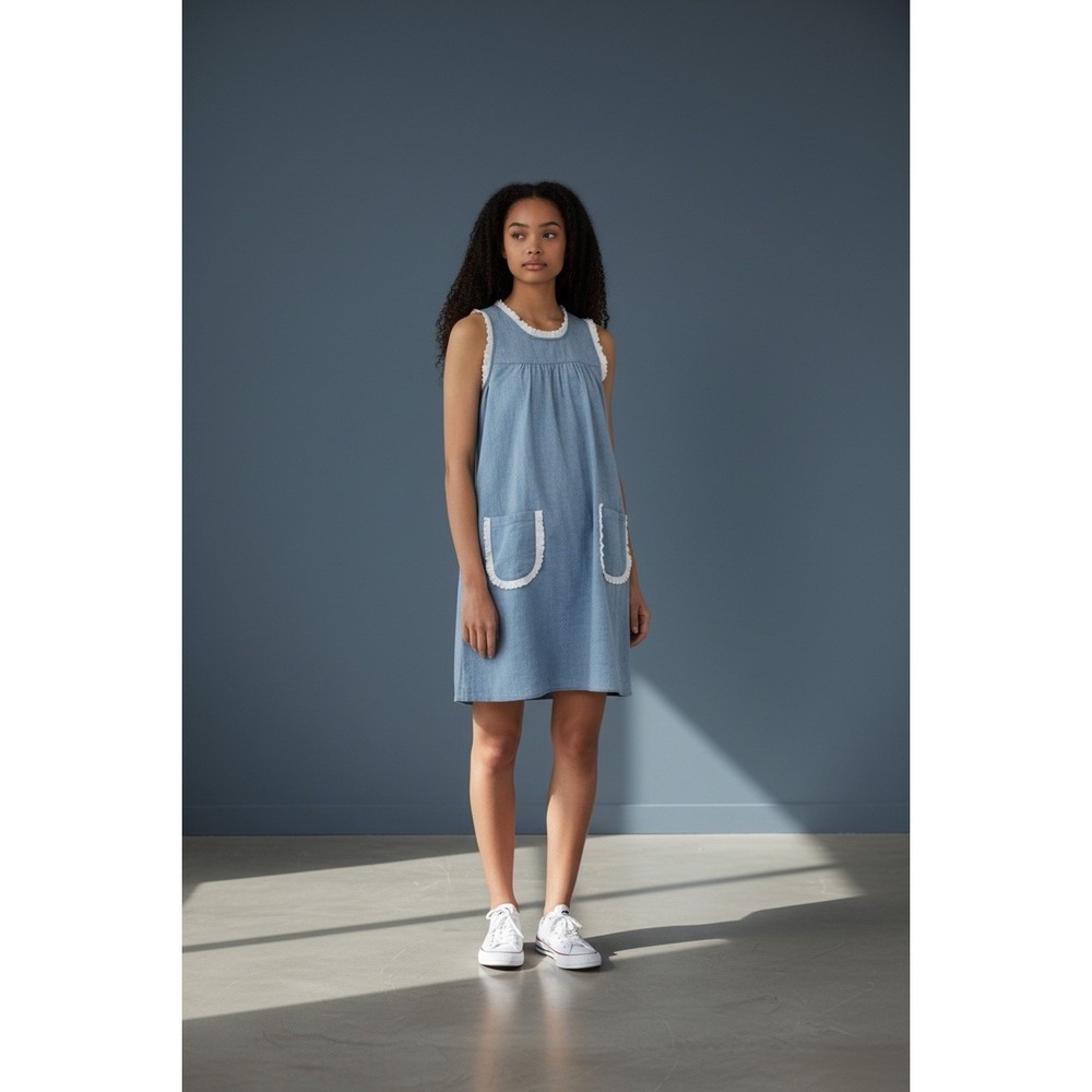 Tuckernuck Chambray Lotte Blue Dress Lace Trim S pockets cottagecore cover-up